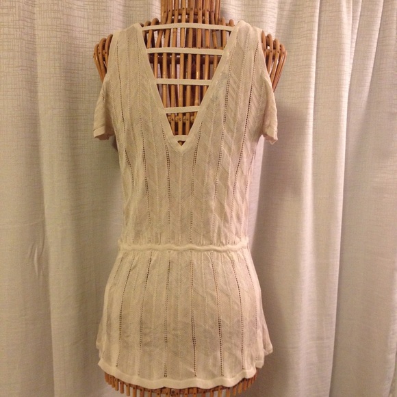 BEBE Wrap Hem Cold Shoulder Sweater Top in Sand - Picture 3 of 4